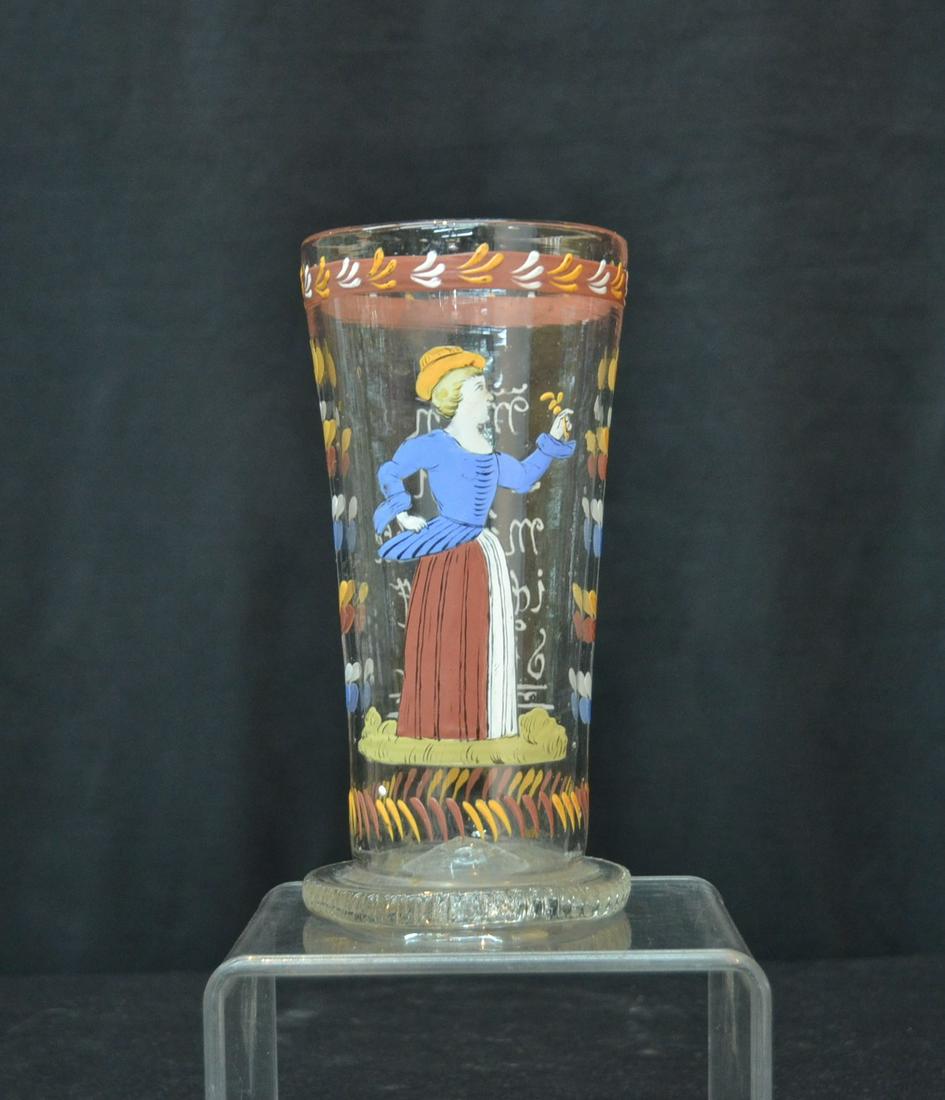 BLOWN ENAMEL GLASS TUMBLER WITH FIGURE: 3 3/4" x 7 1/2"