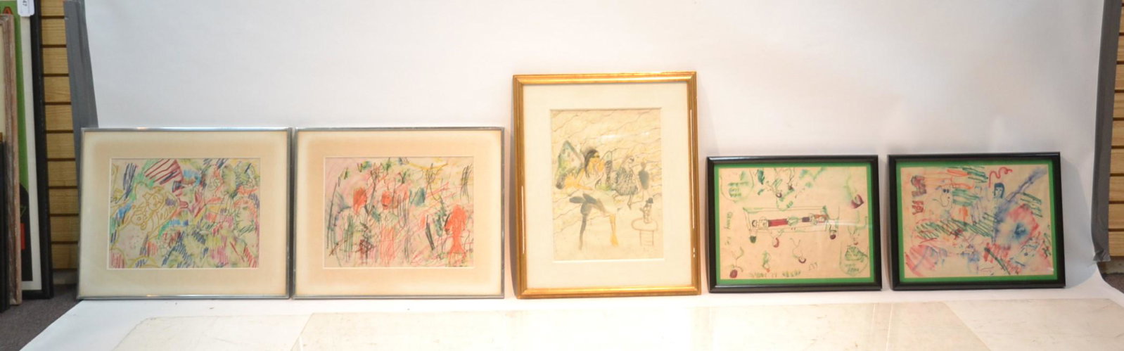 (5) ATTRIBUTED TARO YAMAMOTO (AMERICAN, 1919-1994): WATERCOLOR & CRAYON ABSTRACT FIGURE DRAWINGS , ATTRIBUTED TO TARO YAMAMOTO (AMERICAN, 1919-1994), SIGNED TARO , IN PENCIL - LARGEST IS 22" x 18"