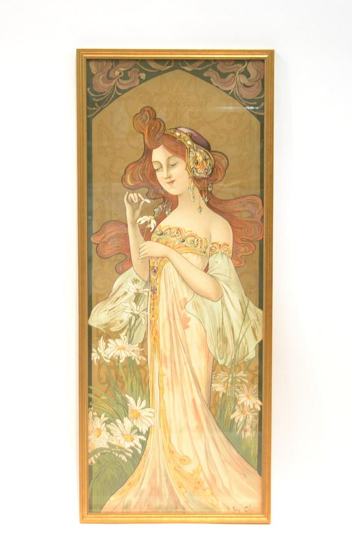 MARY GOLAY (BRITISH, 1869-1944) ART NOUVEAU: MARY GOLAY ART NOUVEAU CHROMOLITH LITHOGRAPH PANEL OF WOMAN STANDING WITH FLOWERS "HE LOVES ME , HE LOVES ME NOT" , SIGNED MARY GOLAY IN PLATE - 17" x 41" FRAMED