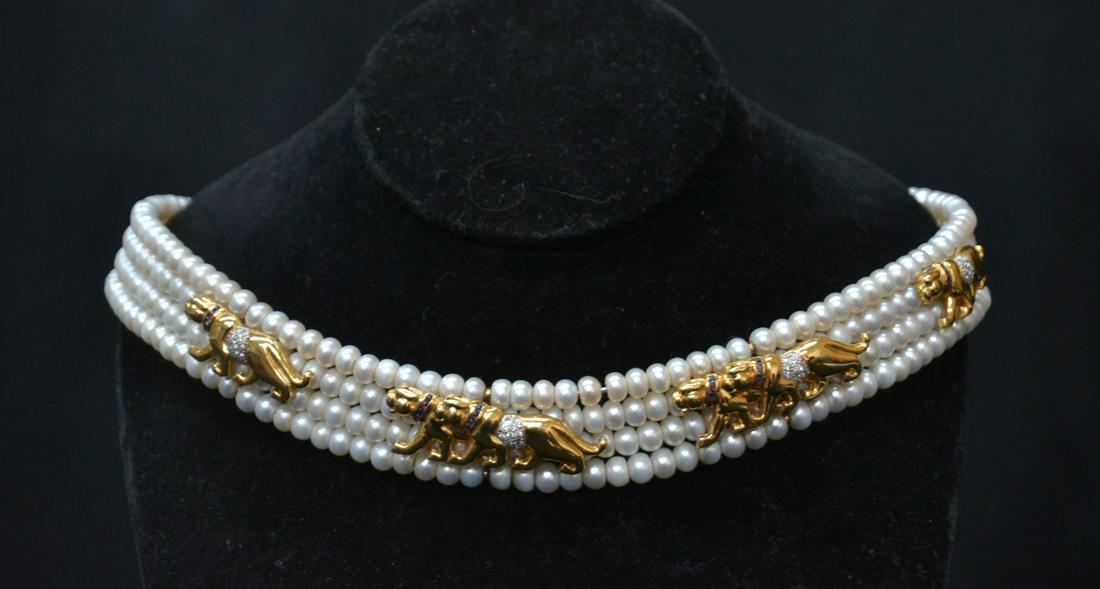 CARTIER STYLE ,18kt GOLD & (4) STRAND PEARL CHOKER: ADJUSTABLE 18kt GOLD CARTIER STYLE 4-STRAND PEARL CHOKER NECKLACE WITH (4) PANTHERS SURROUNDED BY DIAMOND , RUBY & SAPPHIRE - 1" THICK ; 116.9grams GROSS