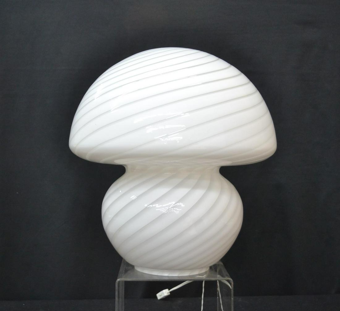 VETRI MURANO SWIRL GLASS MUSHROOM TABLE LAMP: ATTRIBUTED TO VETRI MURANO SWIRL GLASS MUSHROOM TABLE LAMP WITH WHITE SWIRL CANES ON CONNECTED SHADE - 11" x 15" (MISSING STICKER ; UNSIGNED)