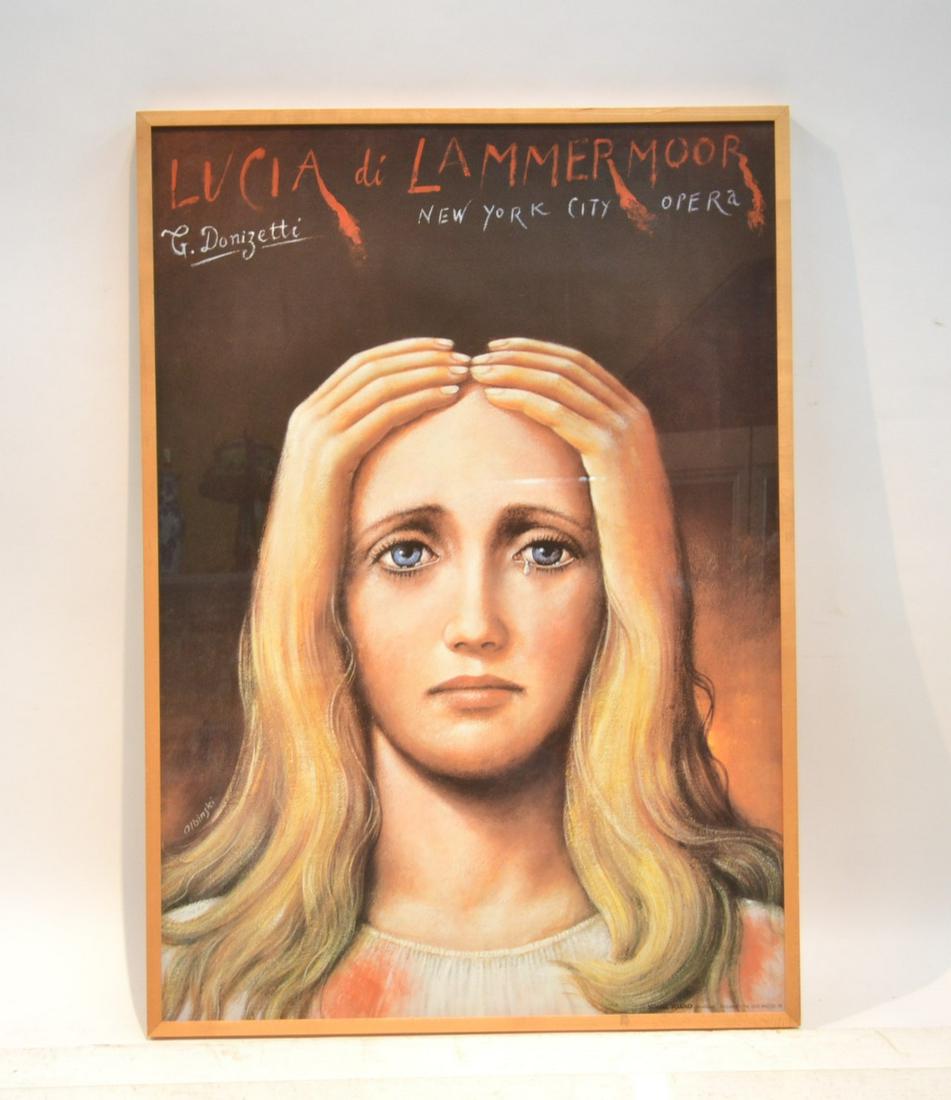 NEW YORK CITY OPERA LITHOGRAPHIC POSTER, "LUCIA DI: NEW YORK CITY OPERA LITHOGRAPHIC POSTER, "LUCIA DI LAMMERMOOR", BY RAPHAEL OLBINSKI, C.1990'S. SIGHT 38 X 26 1/2"; FRAMED AND GLAZED-39 1/2 X 27 3/4"
