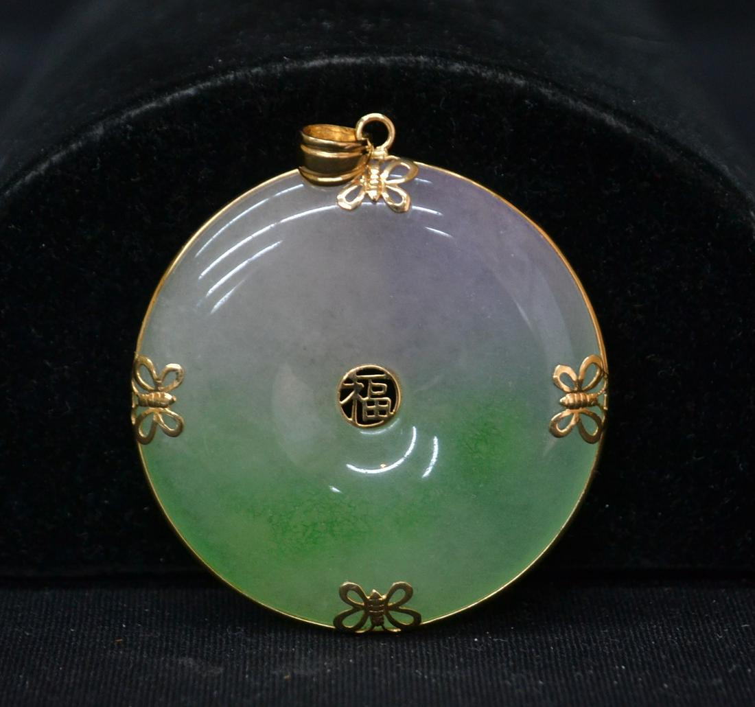 18kt GOLD MOUNTED JADEITE PENDANT WITH: (3) BUTTERFLIES - 2" x 4" ; 60grams gross