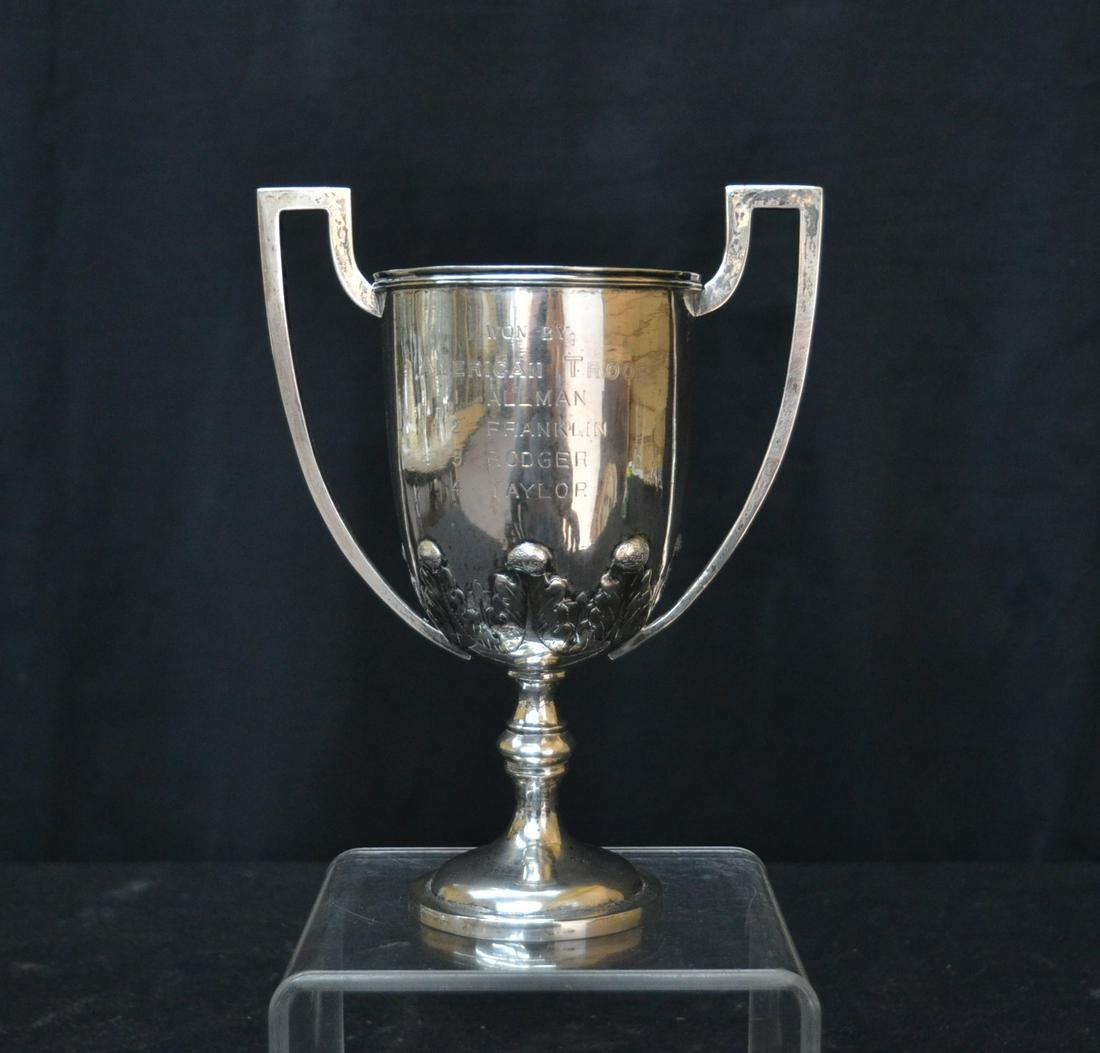 HAND HAMMERED CONTINENTAL SILVER LOVING CUP: TROPHY WITH INSCRIPTION "SHANGHAI POLO CLUB, JULY 4th, 1932 ; WITH WINNERS NAMES ON BACK FROM USA TEAM - 11.36ozt ; 4 1/2" x 3 3/4" x 8 1/2"