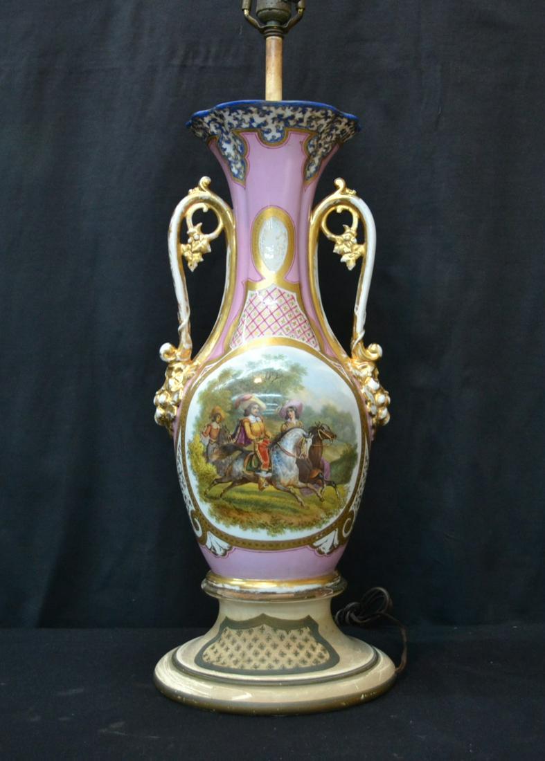 OLD PARIS PORCELAIN TWIN HANDLE VASE LAMP: WITH FIGURAL GROUPING ON HORSEBACK & FLORAL MEDALLIONS - 10" x 6 1/2" x 21" , TO SOCKET (HAS REPAIR ON TOP RIM)