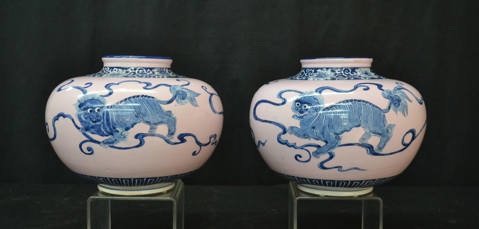 (Pr) BULBOUS CHINESE PORCELAIN VASES WITH: KIRIN FOO DOGS , ALL AROUND ; WITH LABEL - 12" x 10"