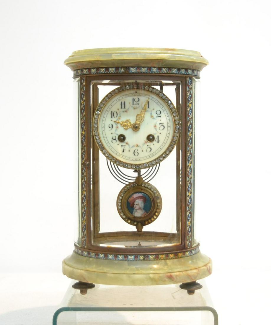 FRENCH BRONZE & CRYSTAL REGULATOR: WITH CHAMPLEVE ENAMEL & ONYX MOUNTS ; HAVING JEWELS AROUND FLORAL ENAMEL FACE WITH JEWELED ENAMEL PORTRAIT PENDULUM , MARKED MADE IN FRANCE ; MEDAILLE D' ARGENT MOVEMENT (SOME DISCOLORING ON PENDULUM)