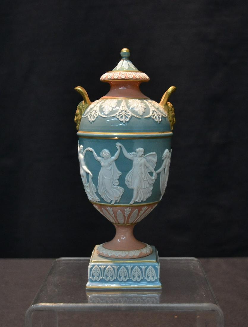 WEDGWOOD TRI COLOR GLAZED JASPERWARE URN: 19thC WEDGWOOD TRI COLORED GLAZED LIDDED URN WITH JAPSERWARE DANCING HOURS ALL AROUND & GILDED MASK HANDLES , MARKED WEDGWOOD - 3 1/2" x 3 1/2" x 7"
