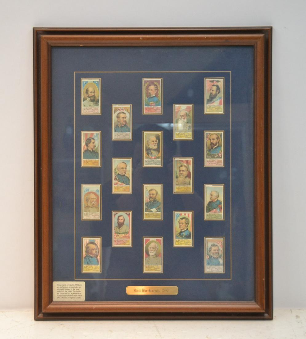 CIVIL WAR GENERALS TOBACCO CARDS: FRAMED IN COLLAGE ; 1990 RE ISSUE TOBACCO CARDS OF CIVIL WAR GENERALS - 18 1/2" x 22 1/2" OVERALL
