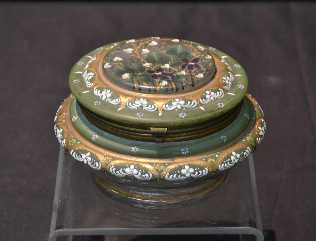 VICTORIAN ENAMELED GLASS POWDER BOX: WITH FLORAL ENAMEL DECORATIONS - 6" x 4"