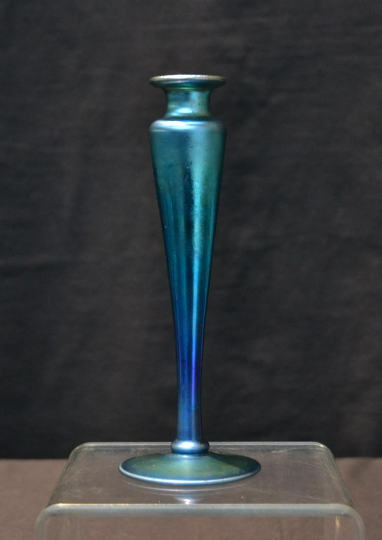 STEUBEN AURENE BLUE IRIDESCENT BUD VASE: 3" x 7 1/2"