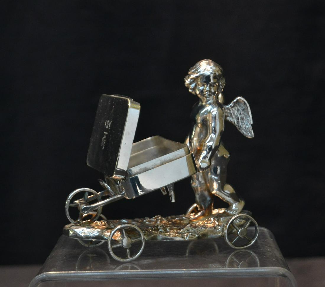 SILVER PLATE CHERUB WAGON BOX SALT CELLAR: CHERUB WHEELING WAGON WITH BOX ; INITIALED DRS - 3" x 4 1/2" x 4 1/2"