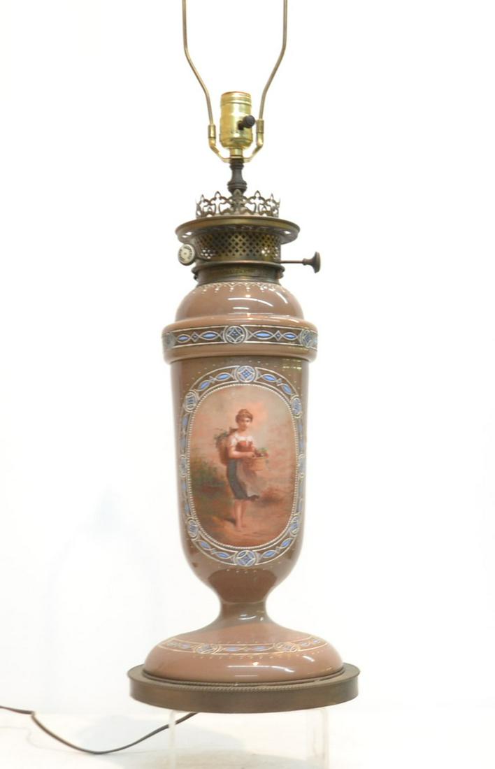 JONES & WILLIS No. 1877 ELECTRIFIED OIL LAMP: WITH OPALINE BASE HAVING HAND PAINTED FIGURAL MEDALLION, HAS HESPERUS BURNER KNOBS , MARKED JONES & WILLIS MANUFACTURE 1877 , DOTY LIGHT - 9" x 20"