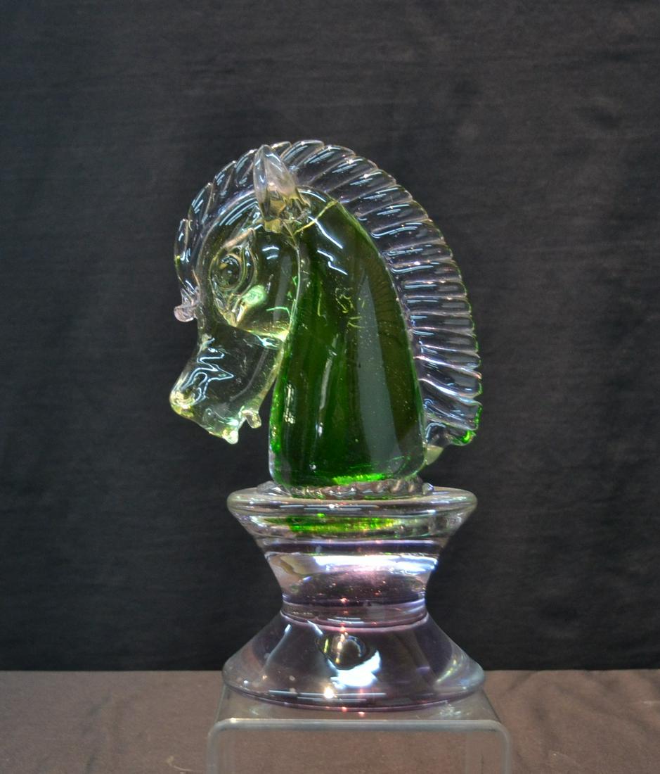 MURANO ART GLASS HORSE: WITH ALEXANDRITE COLOR BASE WITH GREEN HORSE HEAD - 5 1/2" x 7" x 12"