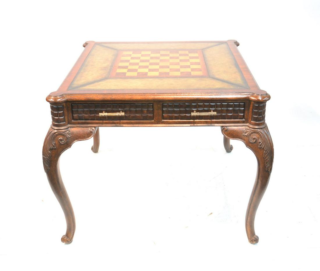 MAITLAND SMITH STYLE MAHOGANY GAME TABLE: WITH CHESS PIECES & LEATHER SURROUNDING CHESS / CHECKER BOARD ; HAVING (2) DRAWERS - 38" x 38" x 30 1/2"
