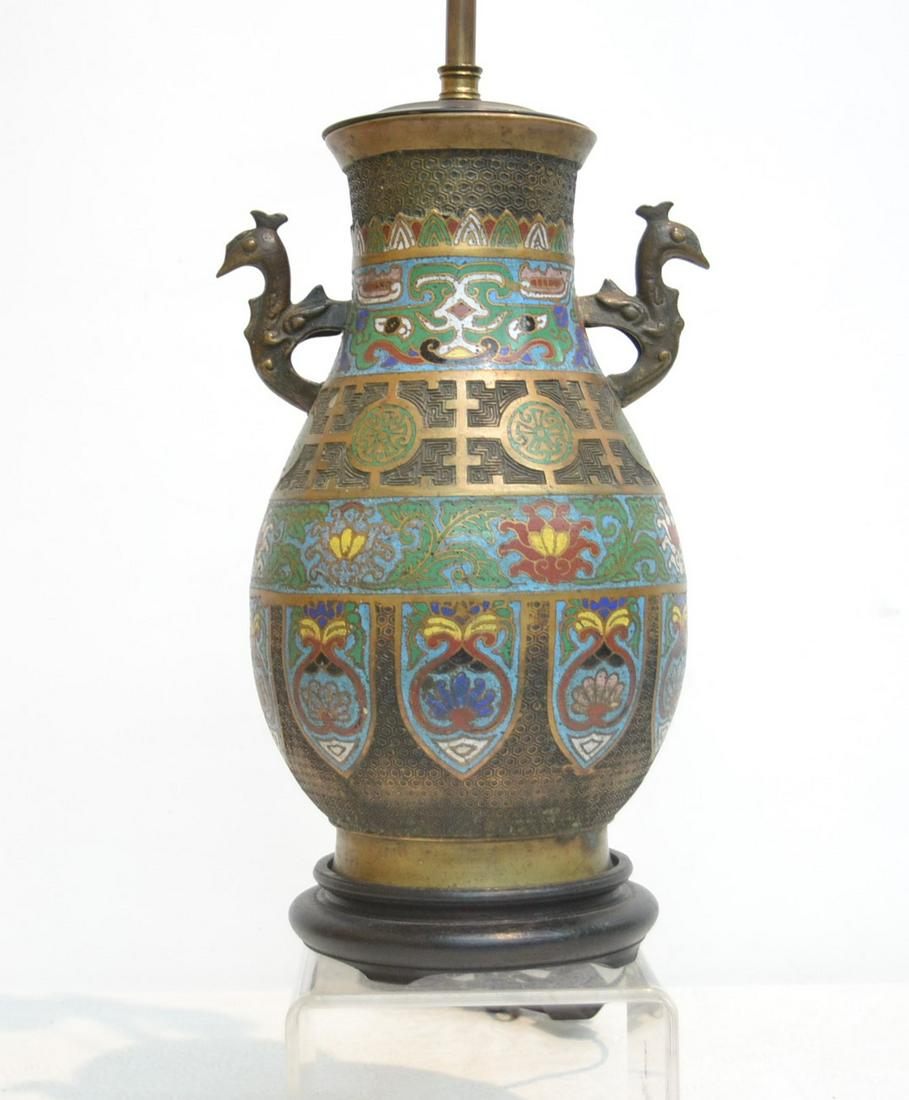 CHINESE BRONZE CHAMPLEVE VASE LAMP: 8" x 25" OVERALL