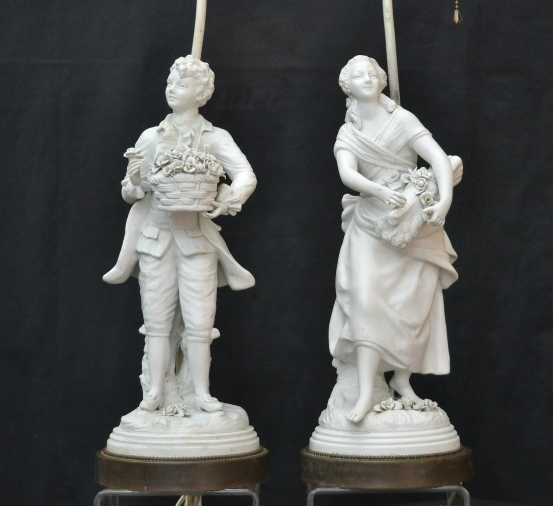 (2) PARIAN PORCELAIN FIGURAL LAMPS: AFTER BOUCHER & MOREAU - 5 1/2" x 15" x 29" OVERALL