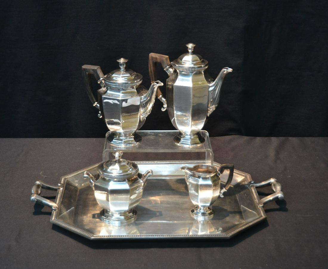 (5)pc CHRISTOFLE GALLIA SILVER PLATE TEA SET: DECO SILVER PLATE TEA SET BY CHRISTOFLE CONSISTING OF LARGE TRAY , (2) POTS , SUGAR & CREAMER - TRAY IS 16" x 23" , LARGEST POT IS 9 1/2" TALL