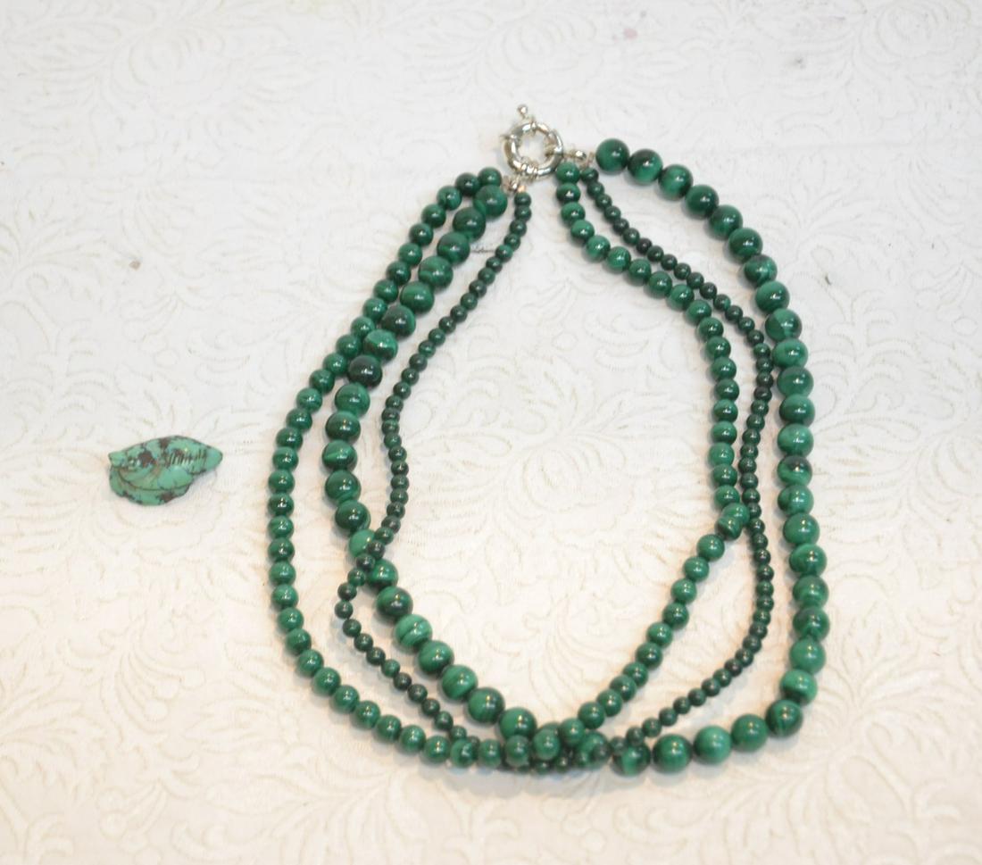 MALACHITE TRIPLE STRAND BEAD NECKLACE: 15" LONG & MINIATURE TURQUOISE ANIMAL