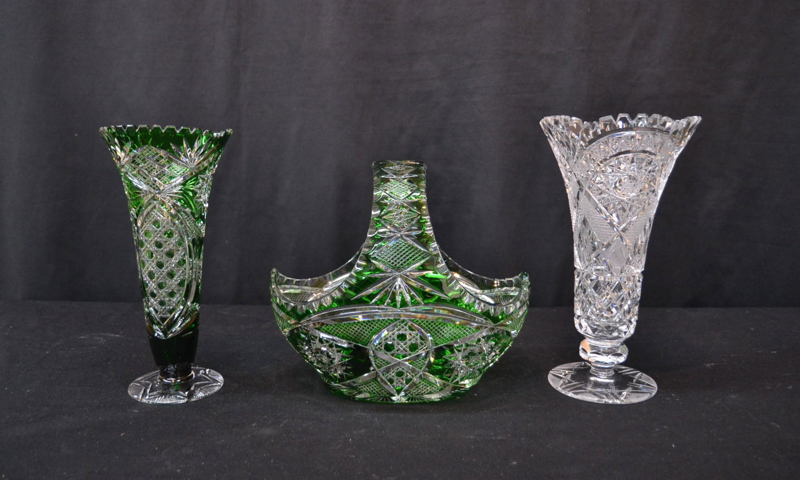 (3) BAVARIAN GREEN CUT TO CLEAR CRYSTAL PIECES: BASKET & (2) CRYSTAL VASES - LARGEST 10" x 7" x 9"