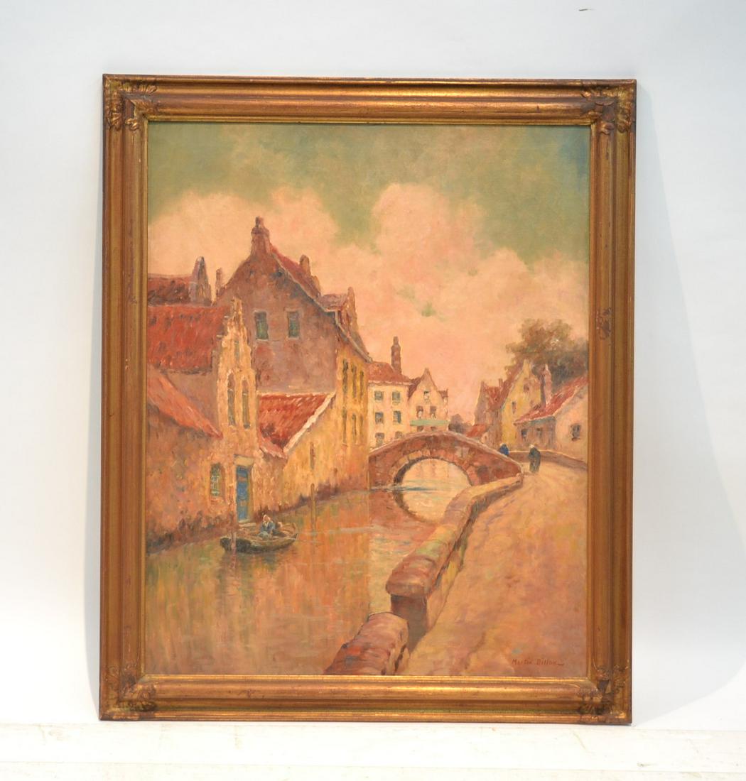 MARTIN DILLON (AMERICAN, 20thC) OIL ON CANVAS: CANAL SCENE , SIGNED MARTIN DILLON , LOWER RIGHT - 24" x 30" , 28 3/4" x 34 3/4" OVERALL