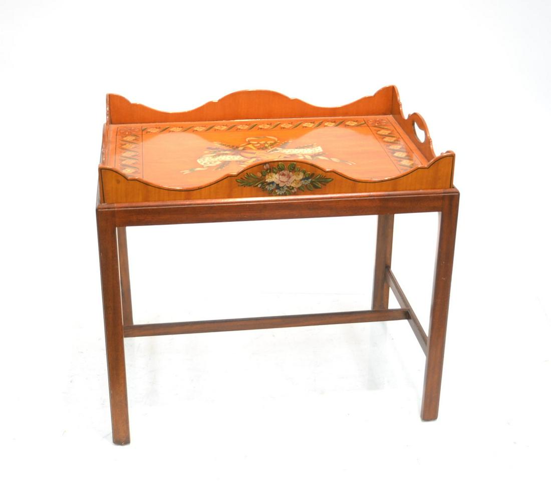 ADAMS STYLE SATINWOOD TRAY TABLE: HAND PAINTED ADAMS STYLE SATINWOOD TRAY TABLE WITH HAND PAINTED MUSICAL MOTIF - 31" x 22" x 27 1/2"