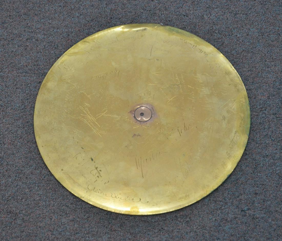 BRONZE ENGRAVED DRUM CYMBAL SIGNED: BY LEGENDARY MUSIC ARTISTS FROM THE 1940s - 1950s TO INCLUDE BING CROSBY , JIMMY DORSEY , EDDIE HEYWOOD , BOB EBERLE , EDA FITZGERALD , BURL IVES , MILLS BROS, FOUR INK SPOTS & MORE, FROM THE LONGINES