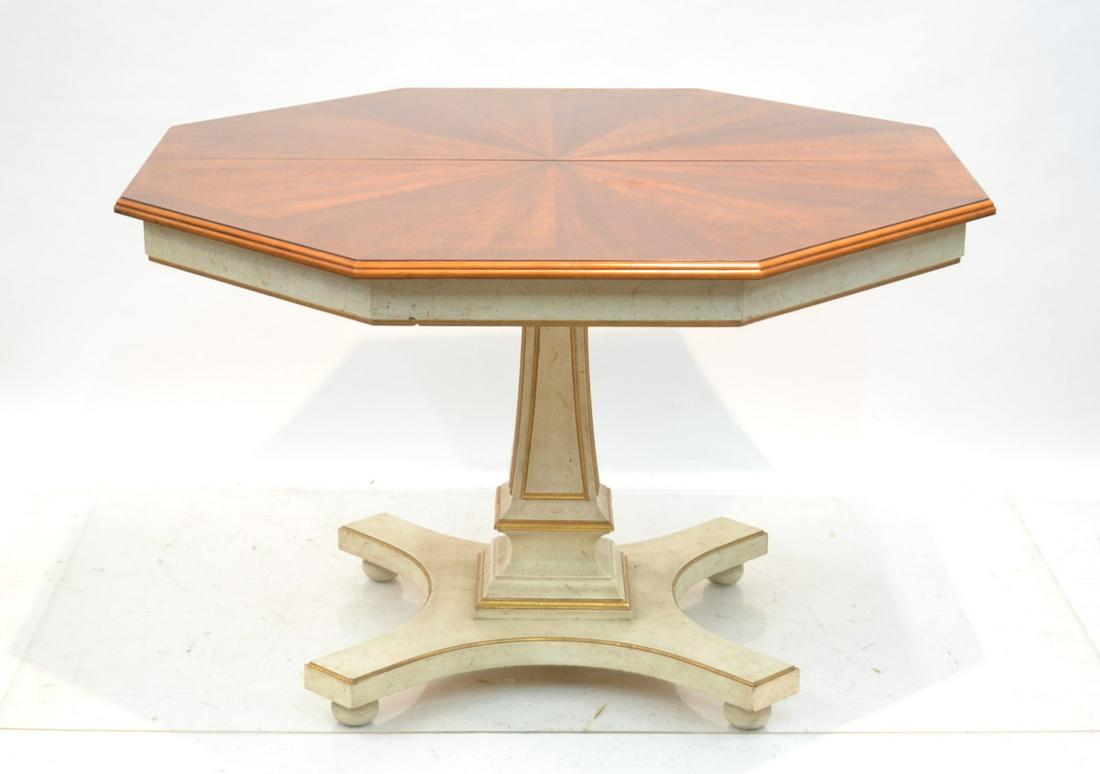 JOHN WIDDICOMB PAINT DECORATED OCTAGONAL: DINING TABLE WITH VENEERED SUNBURST INLAID TOP WITH PLATFORM BASE & (3) 18" LEAVES - 47" DIAMETER CLOSED ; 29 1/2" TALL