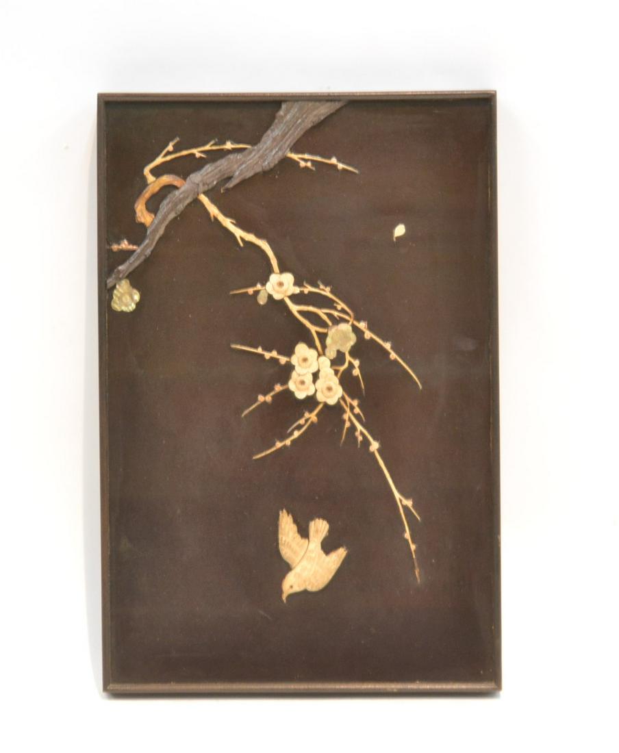LATE MEIJI PERIOD EBONIZED WOOD PANEL: WITH RAISED RELEIF BIRDS & FLOWERING BRANCHES - 13" x 20" (SOME FILLED RELEIF)