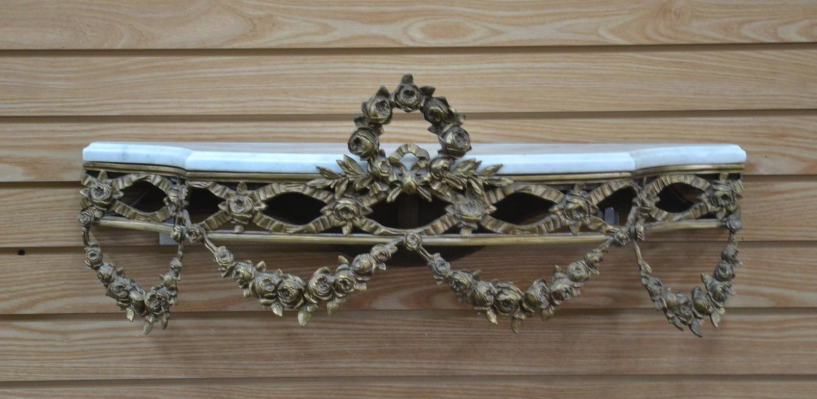 BRONZE & MARBLE CONSOLE WITH FLORAL GARLANDS: 29" x 11" x 10"