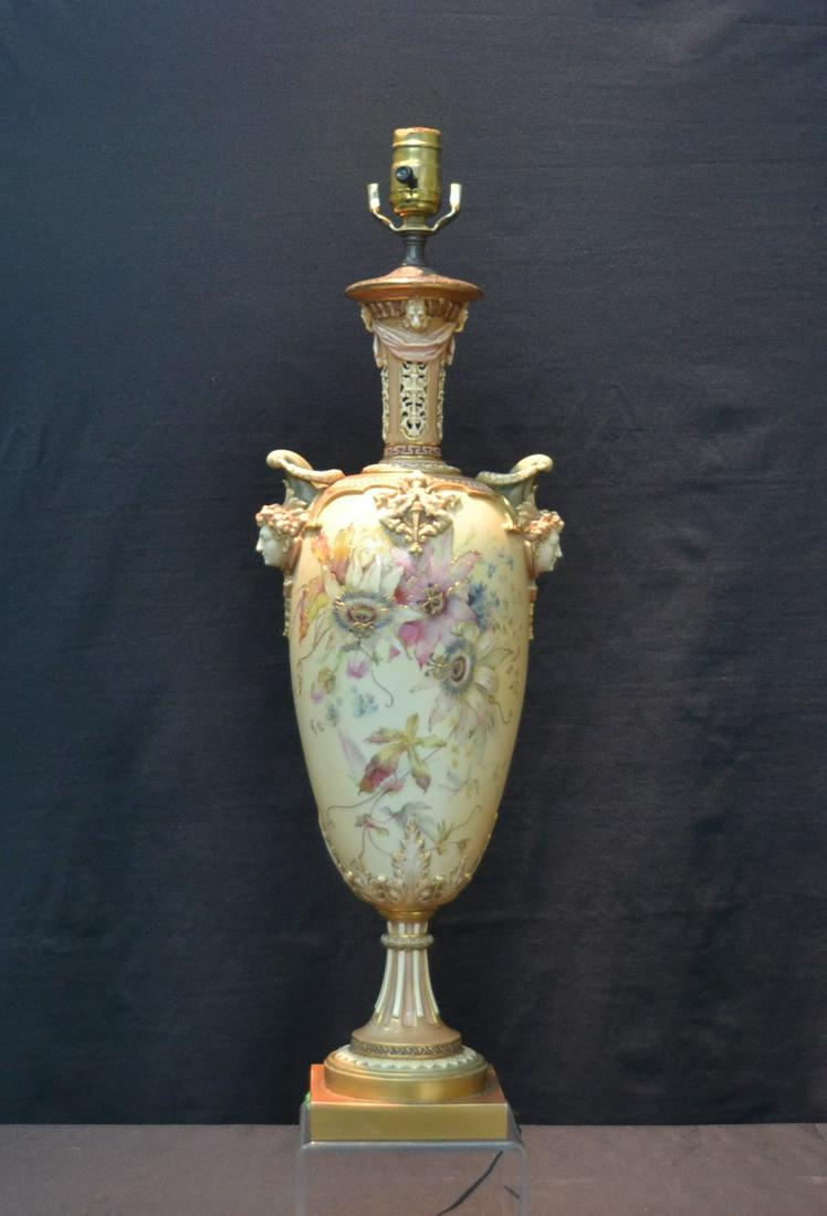 ROYAL WORCESTER RETICULATED VASE LAMP: ROYAL WORCESTER , MADE FOR TIFFANY , RETICULATED VASE DECORATED WITH FLOWERS & MASKS - 8" x 6 1/2" x 26" OVERALL , VASE IS 22" TALL