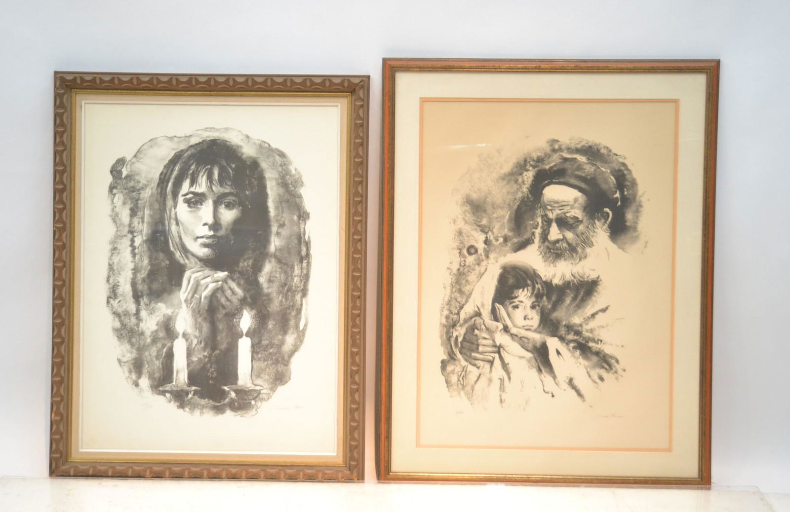 (2) SANDU LIBERMAN , BLACK & WHITE LITHOGRAPHS: SANDU LIBERMAN "SHABBAS CANDLES" BLACK & WHITE LITHOGRAPH STUDY OF WOMAN WITH CANDLES , PENCIL SIGNED LOWER RIGHT , NUMBERED 140/150 - IMAGE SIZE IS 21 1/4" x 29 1/4" / SANDU LIBERMAN BLACK & WHITE LI