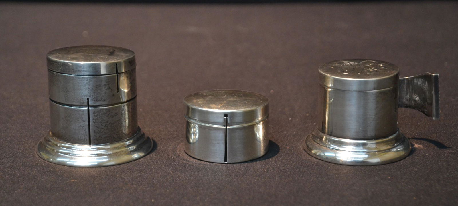 (3) UNUSUAL STERLING SILVER STAMP BOXES: (3) UNUSUAL STERLING STAMP HOLDERS INCLUDING 3-SECTION - LARGEST IS 2 1/2" x 2 1/4" - 6.7ozt