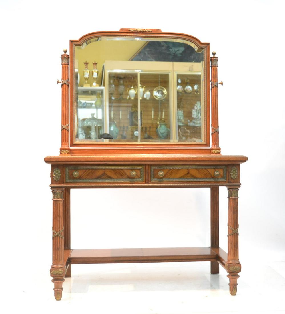 LXVI STYLE FRENCH VANITY WITH MIRROR: & BRONZE MOUNTS - 41" x 22" x 60"