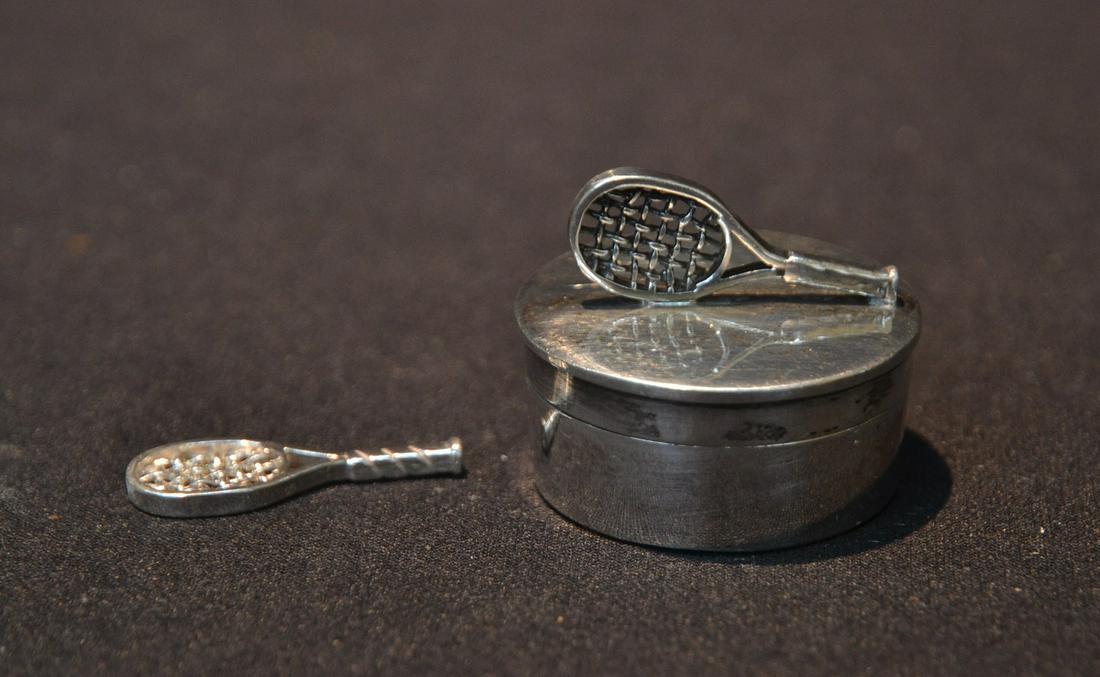 STERLING SILVER TENNIS RACQUET FORM PILL BOX: WITH MINIATURE TENNIS RACQUET INSIDE - 1.45ozt ; 1 1/4" x 1 1/4"