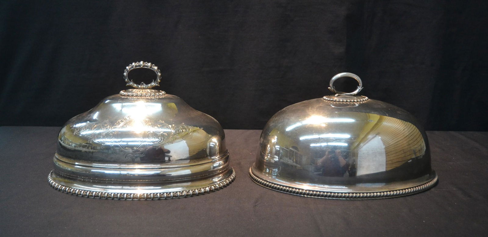 (2) ENGLISH MEAT COVER DOMES: (2) ENGLISH SILVER PLATE MEAT COVER DOMES - ONE BY MAPPIN & WEBB / OTHER ONE HAS ENGRAVED DESIGNS - LARGEST IS 14" x 10 1/2" x 9"