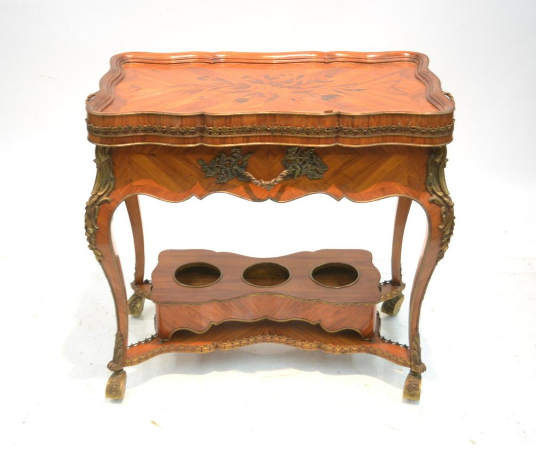 FRENCH STYLE INLAID BAR CART TABLE: WITH BRONZE MOUNTS & REMOVABLE TRAY ON TOP & REMOVEABLE BOTTLE HOLDER ON BOTTOM - (SOME VENEER LOSS) 32" x 18" x 29"