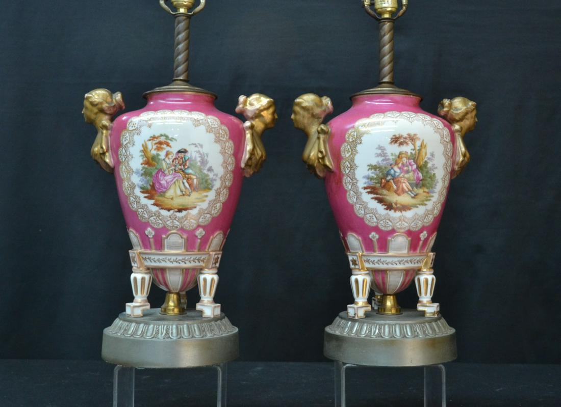 (Pr) LARGE OLD PARIS PORCELAIN LAMPS: WITH ROMANTIC SCENE MEDALLIONS & FEMALE BUSTS ON SIDE - 12" x 8" x 33" OVERALL (SOME REPAIR ON BUSTS)