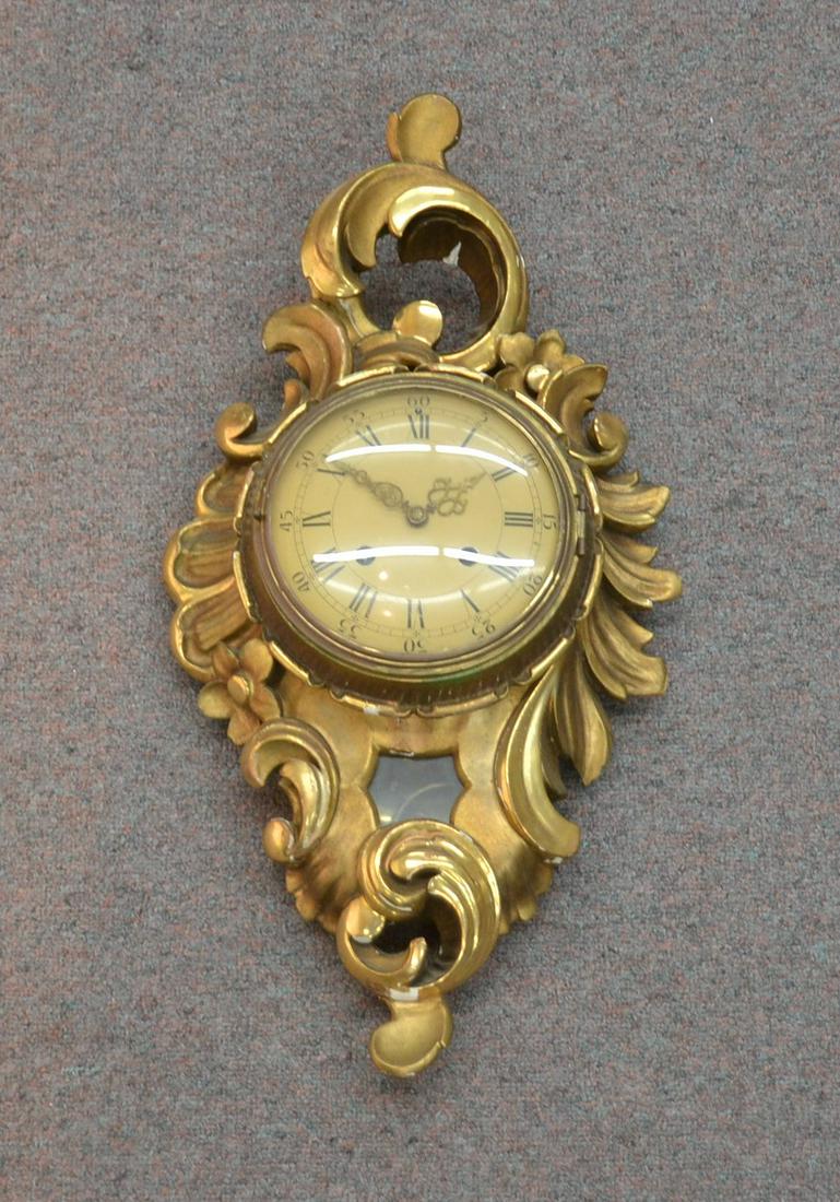 WESTERSTRAND TOREBODA SWEDISH GILTWOOD CLOCK: SWEDISH WESTERSTRAND TOREBODA GILTWOOD WALL CLOCK - 11" x 4 1/2" x 21"