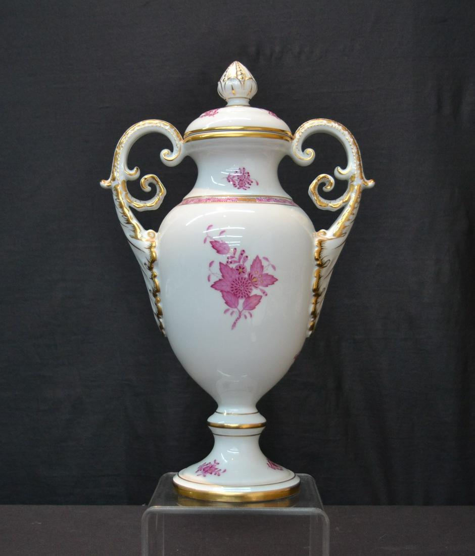 HEREND 'CHINESE BOUQUET' PORCELAIN URN: WITH TWIN HANDLES - 9" x 5" x 15 1/2"