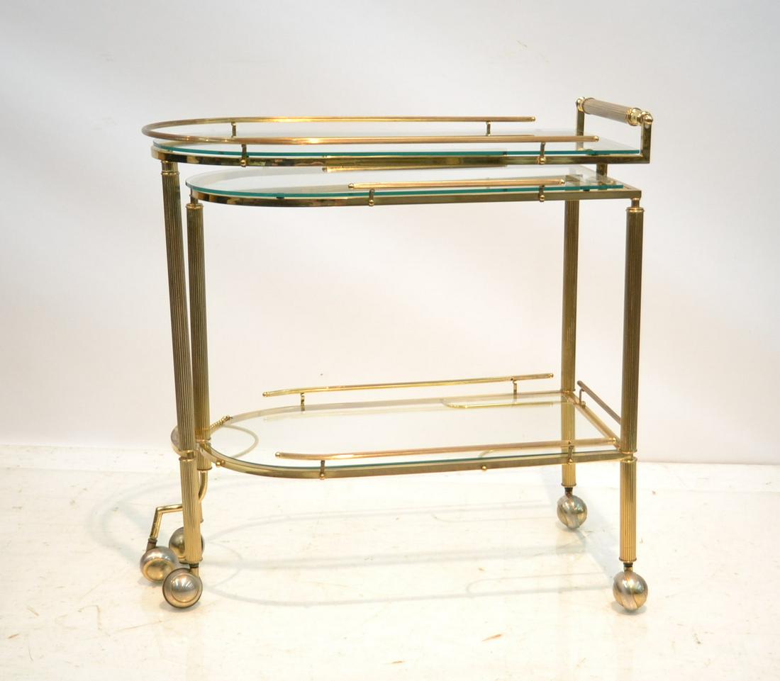 ITALIAN BRASS & GLASS BEVERAGE CART: EXPANDABLE ITALIAN BRASS & GLASS BEVERAGE CART WITH ROLL OUT EXTENSION - 16" x 29" x 23"