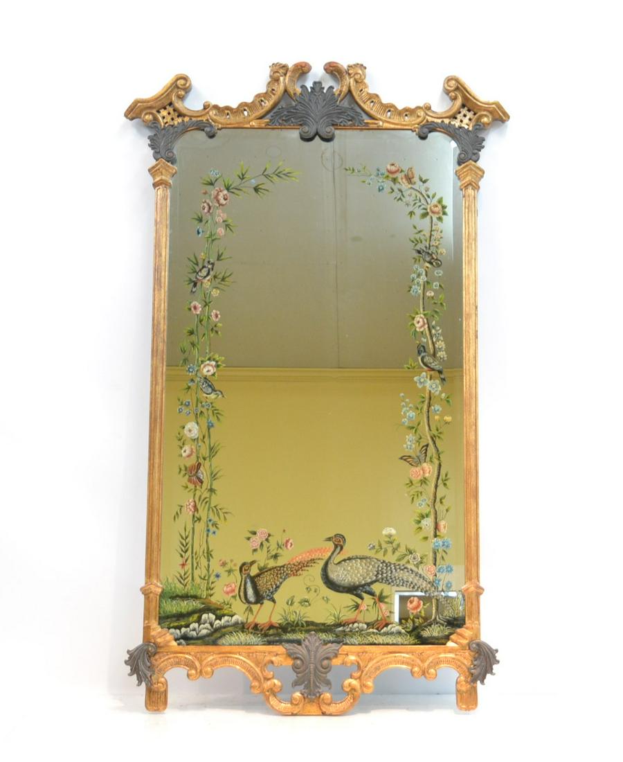 La BARGE , LARGE GILTWOOD MIRROR WITH: HAND PAINTED PEACOCKS SURROUNDED BY FLOWERS - 41" x 69"