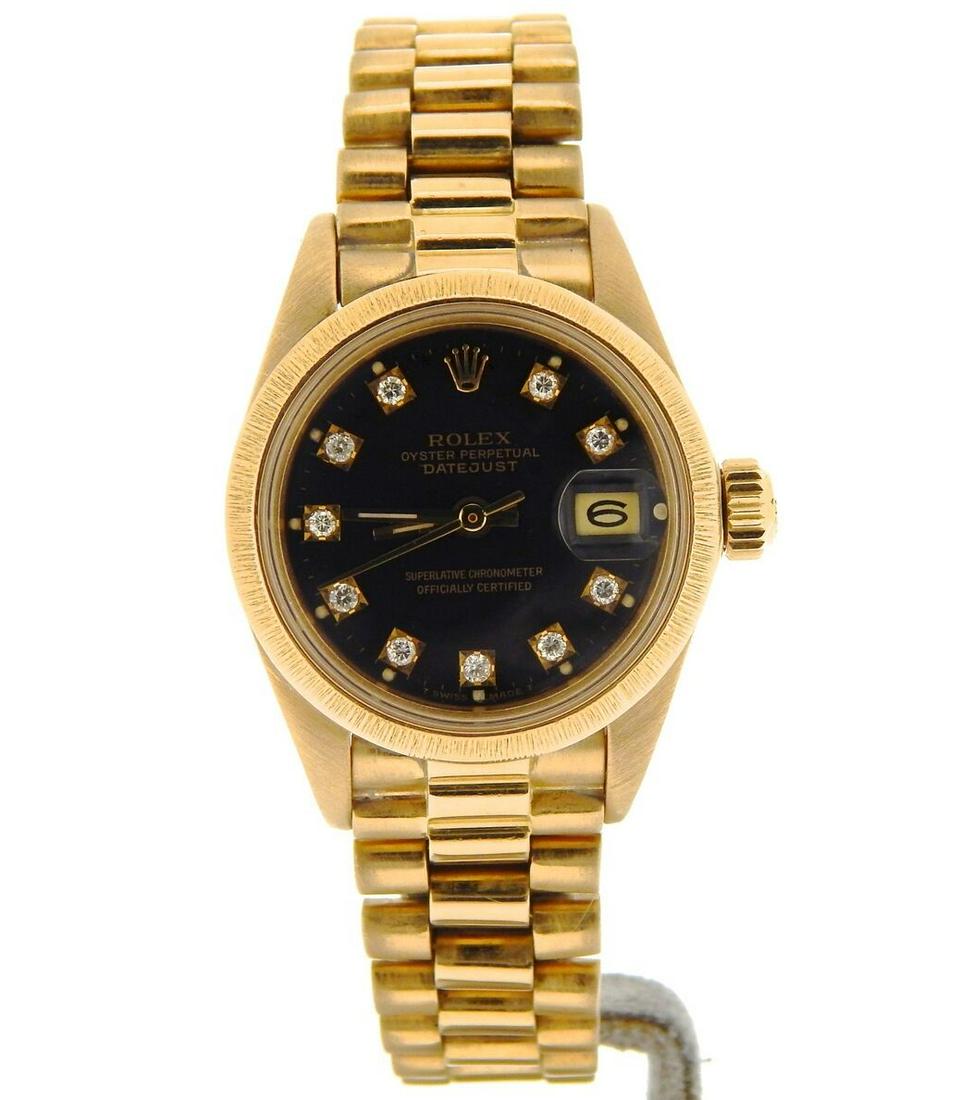 ROLEX 18kt LADIES PRESIDENT DATEJUST WATCH: 18k yellow gold oyster 26MM case - Officially certified chronometer automatic self-winding movement - Original Rolex 18k yellow gold bezel & Black pyramid dial with original Rolex factory diamond hour