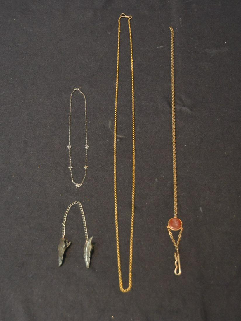 VICTORIAN WATCH FOB , GOLD TONE WATCH FOB: WITH INTAGLIO CAMEO & LEAF FORM LAPEL PIN - LARGEST IS 19 1/2"