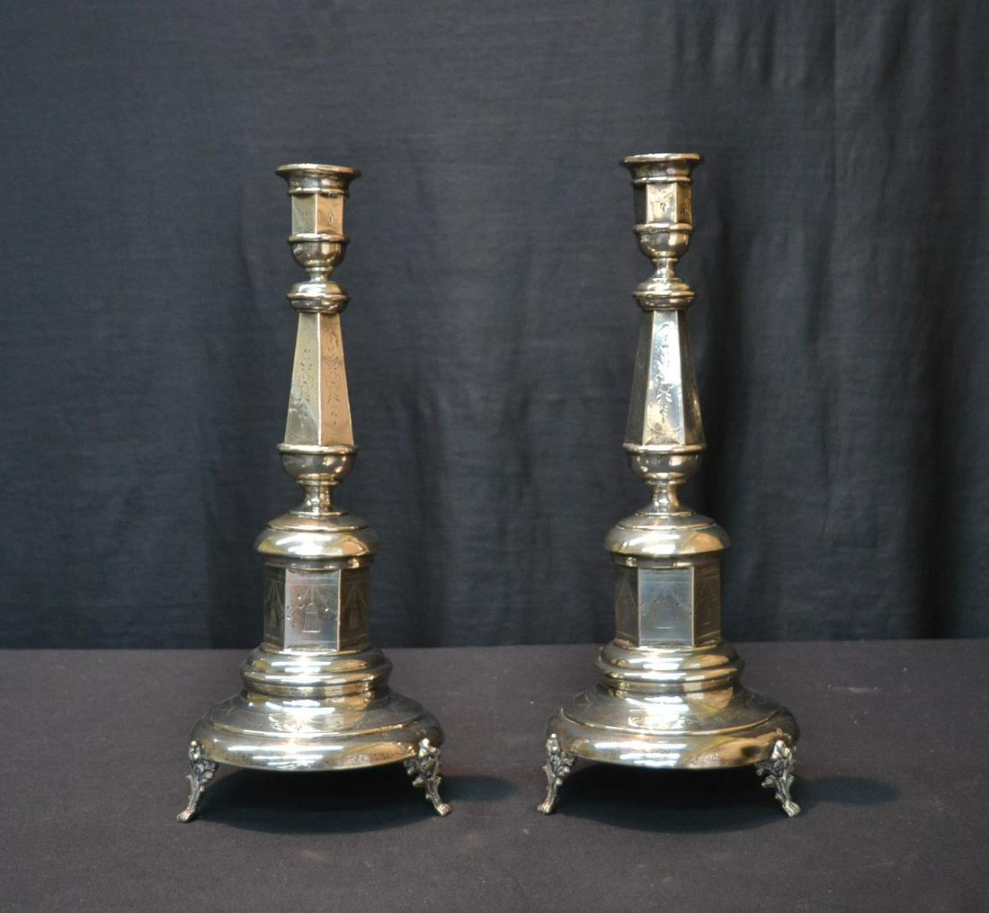 (Pr) ANTIQUE EUROPEAN SILVER CANDLE STICKS: WITH ENGRAVED DESIGNS & PAW FEET ; HAVING FLOWER PUNCH HALLMARK & JB AROUND AN ANCHOR - 6" x 14" ; 24.81ozt