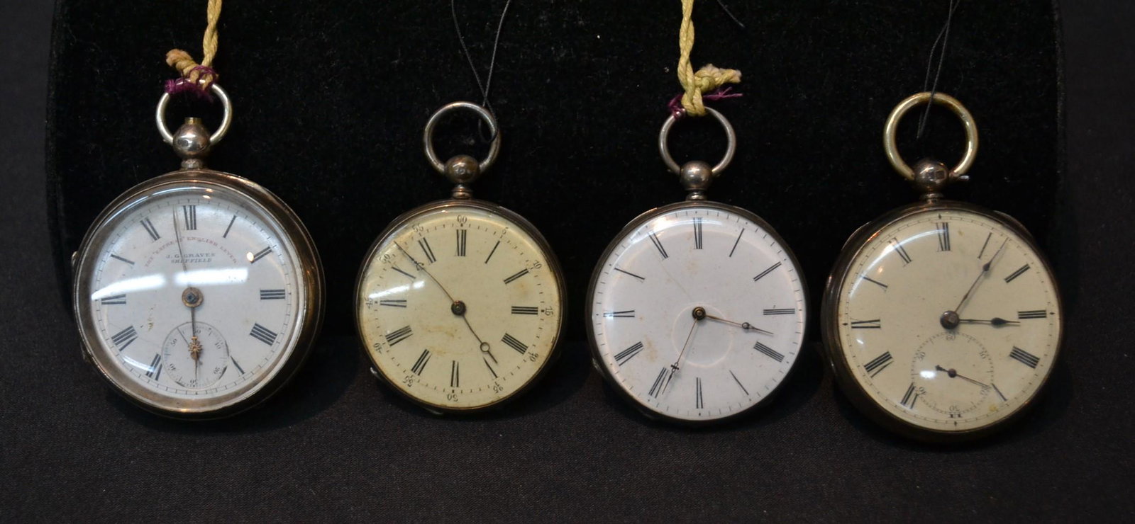 (4) ANTIQUE STERLING POCKET WATCHES INCLUDING: 19thC SWISS SILVER CASE POCKETWATCH, JACOT BESANCON FRENCH STERLING POCKET WATCH MARKED ESCHAPMENT CYLINDER , 19thC ENGLISH JG GRAVES SHEFFIELD STERLING SILVER CASE POCKETWATCH & 18thC LIVERPOOL STYLE