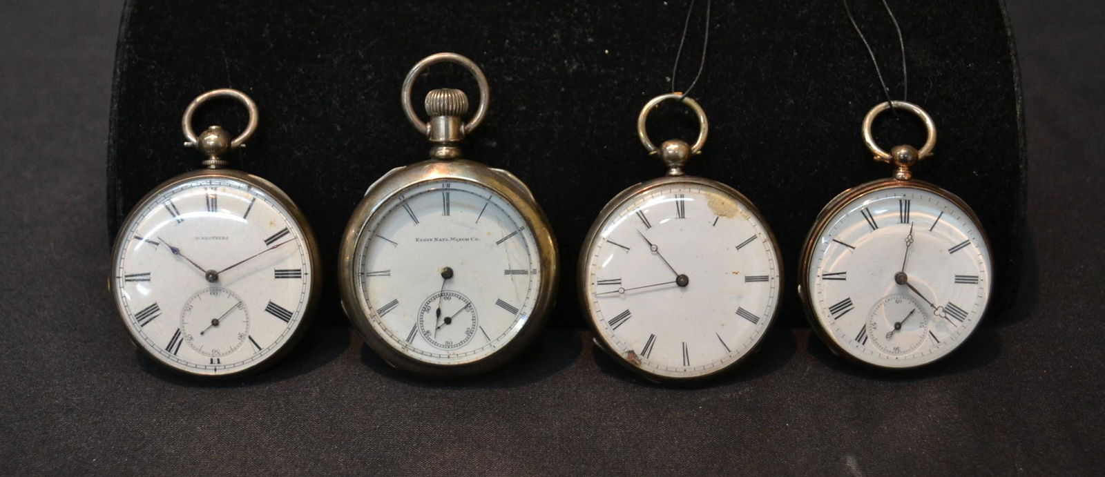(4) ANTIQUE STERLING POCKET WATCHES INCLUDING: 19thC SWISS 4-JEWEL SILVER CASE POCKETWATCH , FRENCH 19thc SILVER CASE 4-JEWEL POCKET WATCH WITH ESCAPEMENT CYLINDER , 19thC ELGIN FAHYS COIN SILVER CASE POCKET WATCH (MINUTE HAND MISSING) , 19thC FRE