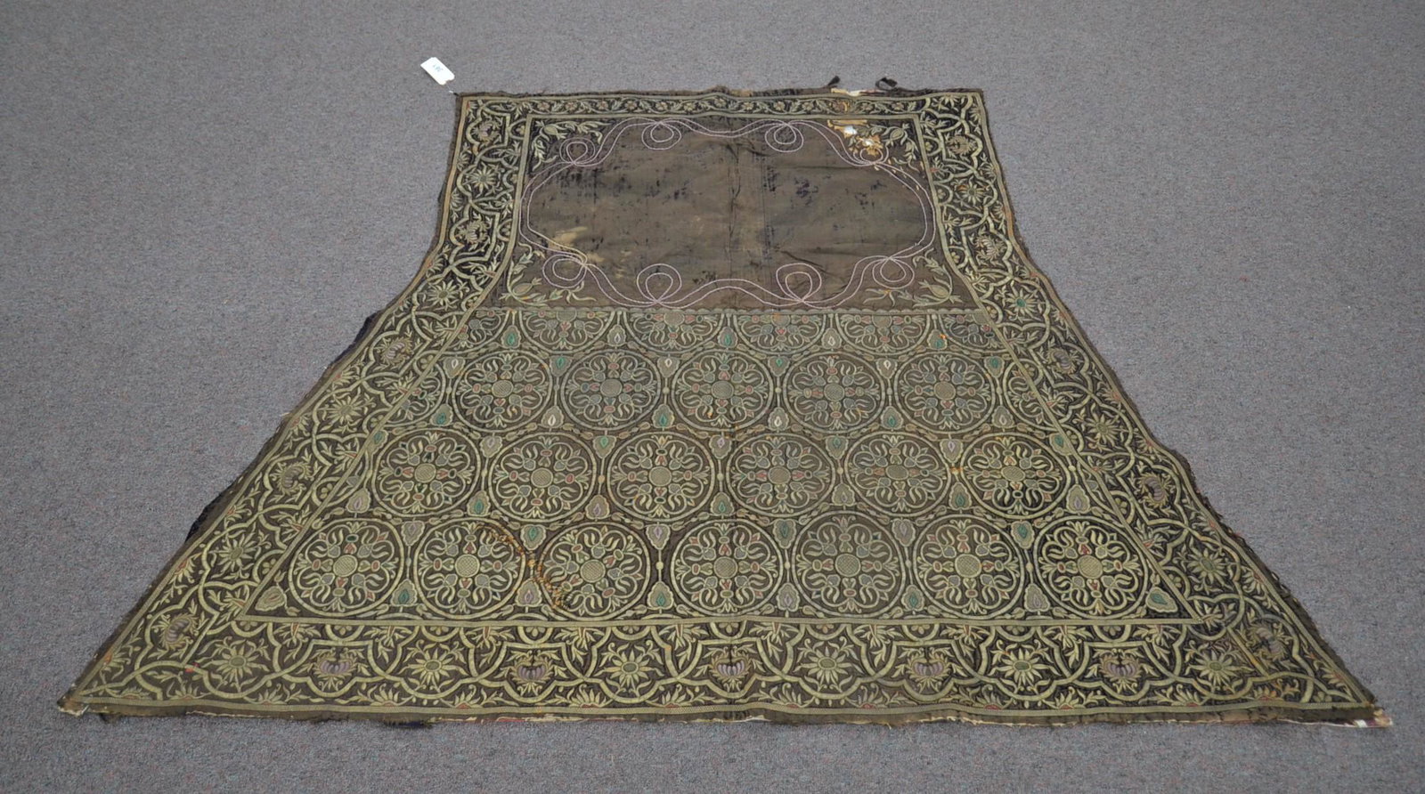 ANTIQUE TURKISH SILVER THREAD EMBROIDERY: WITH ECOTE BACKING - 66" x 48" (SOME LOSS & WEAR)