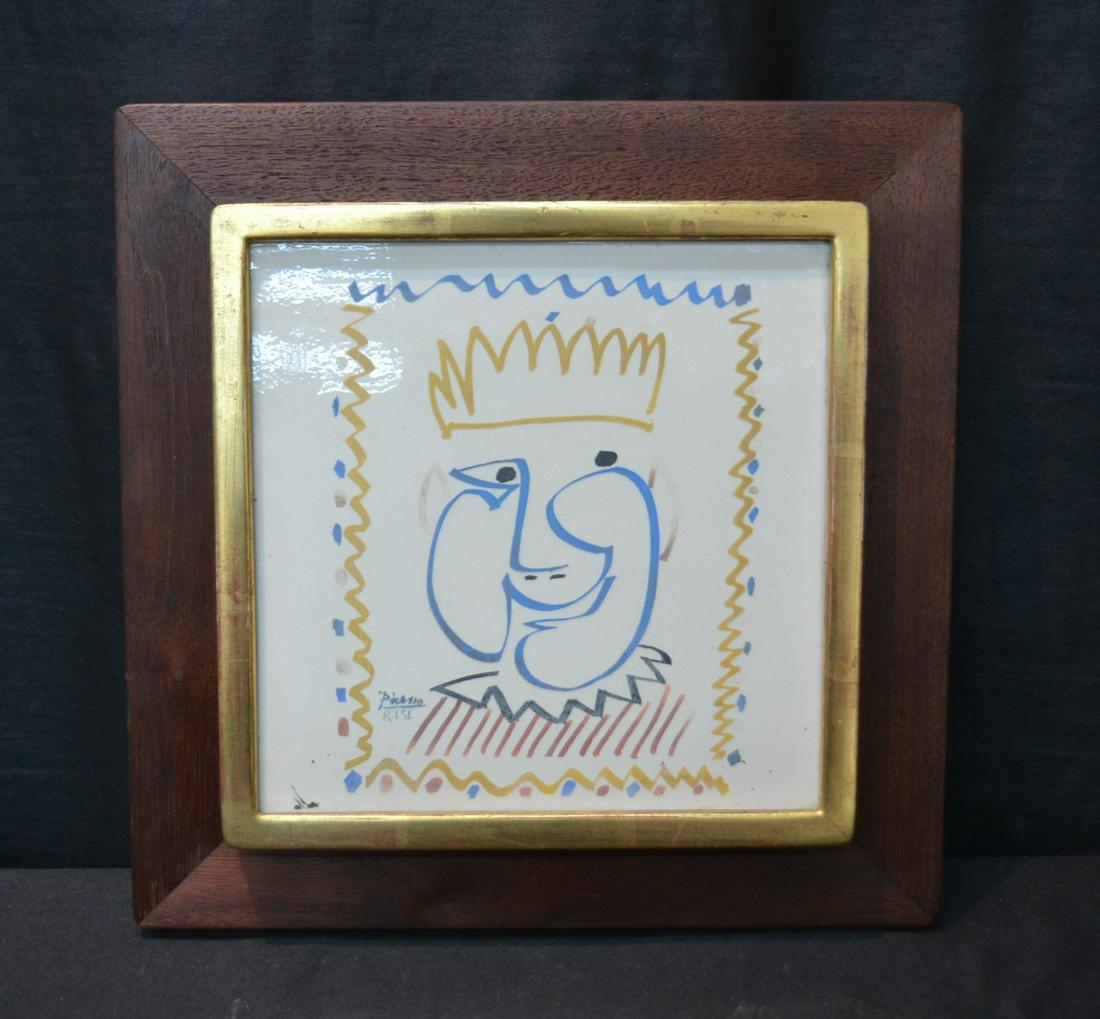 PABLO PICASSO GLAZED CERAMIC PRINT TILE: PABLO PICASSO GLAZED CERAMIC FACE TILE , MARKED RISI UNDER NAME - 8" x 8" , 11 1/2" x 11 1/2"