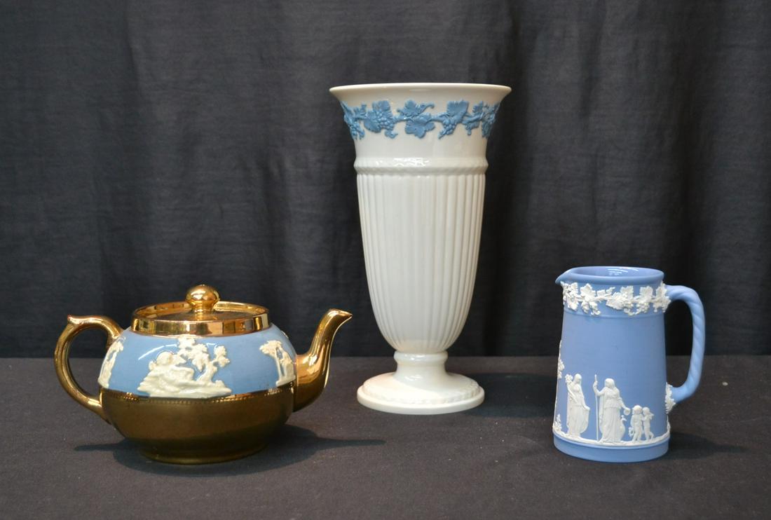 (3)pc LOT CONSISTING OF WEDGWOOD QUEENSWARE: VASE , WEDGWOOD JASPER PITCHER & GIBSON ENGLISH TEA POT - VASE IS 6" x 10 1/2"